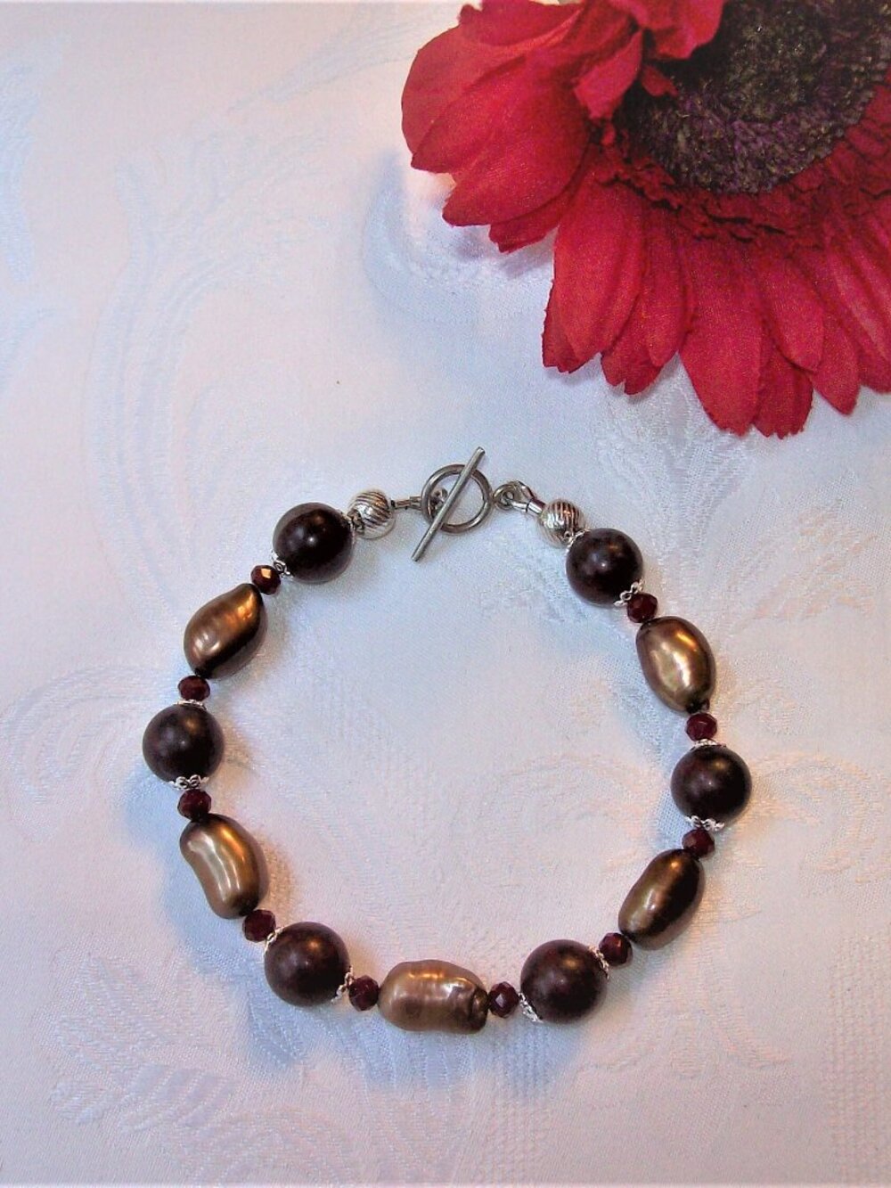 Red Jasper/Brown Freshwater Pearl/Red Quartz/Sterling Silver Bracelet